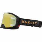 Oakley MX goggles with yellow mirrored lens and black strap featuring Oakley logo, designed for motocross racing.