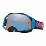 Oakley Airbrake MX goggles with blue frame and mirrored lens, designed for motocross racing, featuring a comfortable strap with pink Oakley logo.