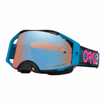 Oakley Airbrake MX goggles with blue frame and mirrored lens, designed for motocross racing, featuring a comfortable strap with pink Oakley logo.