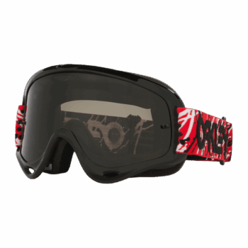 Oakley MX goggles with black lens and red/white strap, designed for motocross racing.