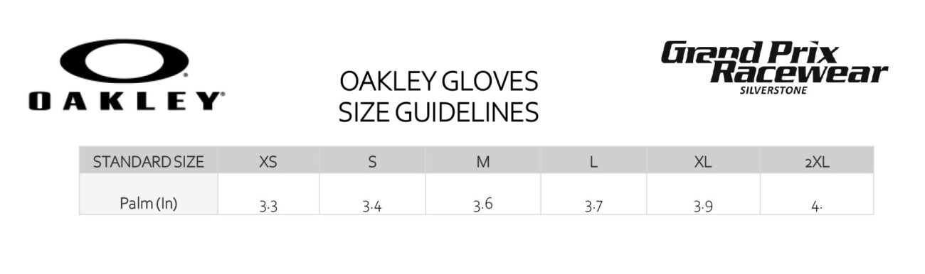 Oakley Gloves Size Guide showing palm measurements for XS to 2XL sizes.