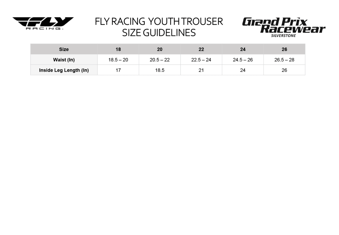 Fly Racing Youth Trouser Size Guide showing waist and inside leg measurements for sizes 18 to 26.