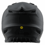 Close-up of a Troy Lee Designs GP PRO Mono Helmet in matte black, showcasing its aerodynamic design and ventilation features.