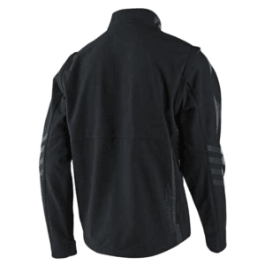 Black Troy Lee Designs SCOUT Softshell Jacket with subtle branding and sleek design, ideal for motorcycle and motocross enthusiasts.