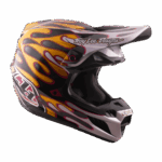 Troy Lee Designs SE5 Carbon Overspray helmet with flame graphics in black, yellow, and pink, featuring the Troy Lee Designs logo.