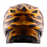 Grand Prix Racewear helmet with yellow, black, and purple flame design, featuring MIPS safety technology and ventilation vents.