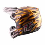 Troy Lee Designs SE5 Carbon Overspray Helmet with flame graphics in black, yellow, and red for motocross racing.