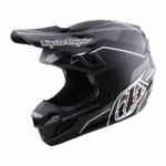 Troy Lee Designs SE5 Polycarbonate Stand Helmet in black with white accents, featuring aerodynamic design and branding for motocross safety.