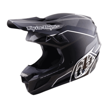 Troy Lee Designs SE5 Polycarbonate Stand Helmet in black with white accents, featuring aerodynamic design and branding for motocross safety.
