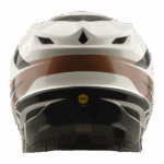 Close-up of a Troy Lee Designs SE5 Polycarbonate Stand Helmet showing its aerodynamic design and ventilation features.