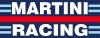 Martini Racing logo featuring bold white text on a blue background with red and light blue stripes.